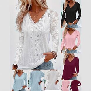 New Cross-Border European and American Women's Fashion Lace Shirt V-Neck Long Sleeve Lace Patchwork Hollow Top