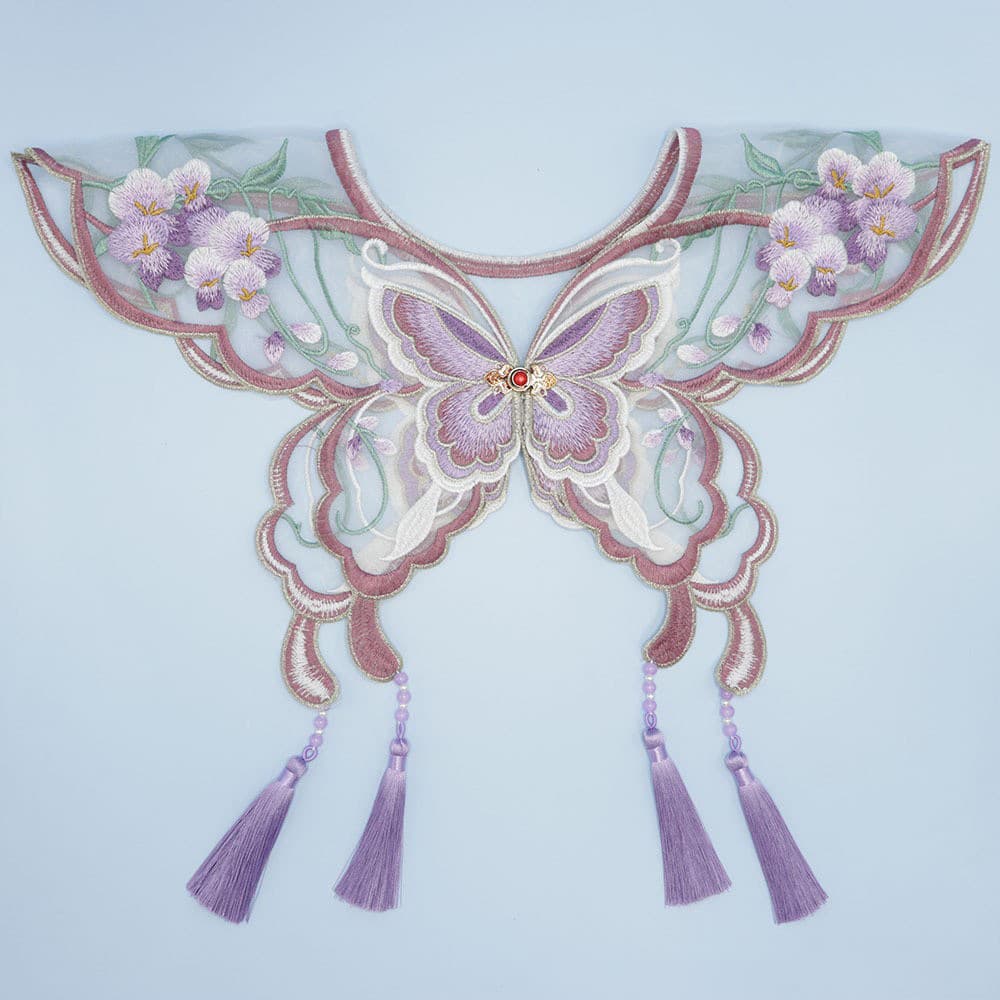 Hanfu purple butterfly organza cloud collar embroidery ancient-style embroidered shawl button tassel collar flower detachable collar accessories