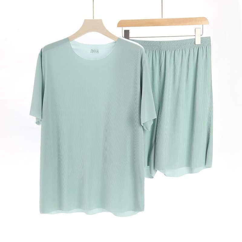 Cross-border Factory Direct Wholesale Homewear Short Sleeve Pajama Pants Set Men's Summer Round Neck Seamless Ice Silk Pajamas