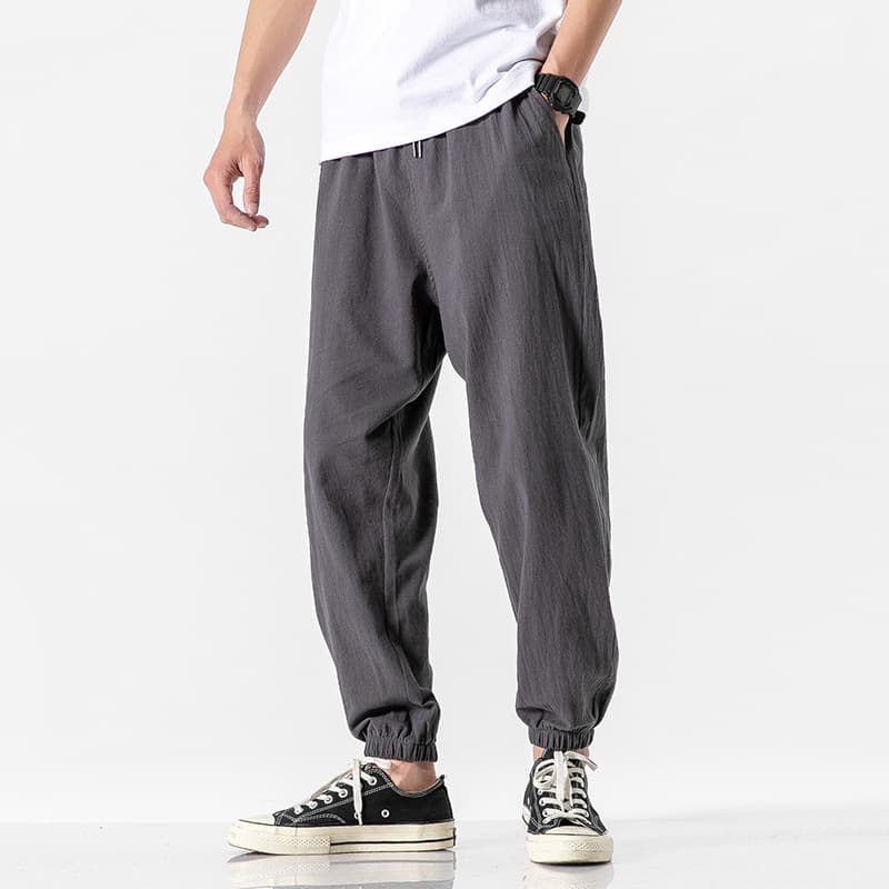 Summer Japanese Style Loose Men's Linen Sports Pants Casual Thin Nine-Piece Leisure Pants Korean Version Trendy Trousers