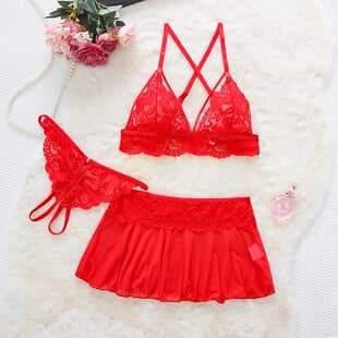European and American Sexy Flirting Lingerie Set Lace Hollow Out Three-Piece Set Sheer V-Neck Seductive Underwear for Women