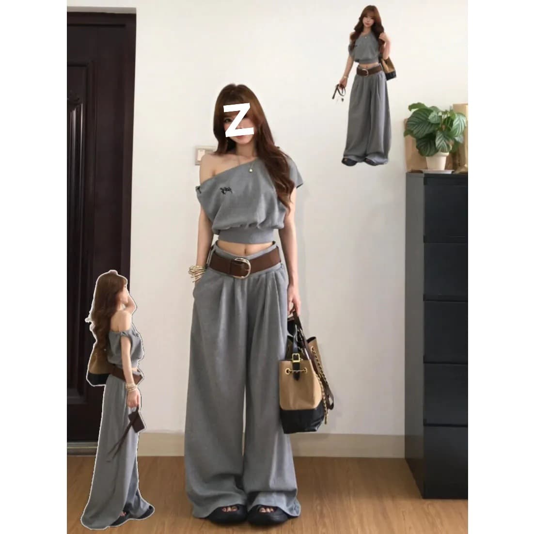 Salt-Style High-End Women's Sportswear Set Summer Slimming Fashion Off-Shoulder Short Sleeve Wide-Leg Pants Casual Two-Piece Trend