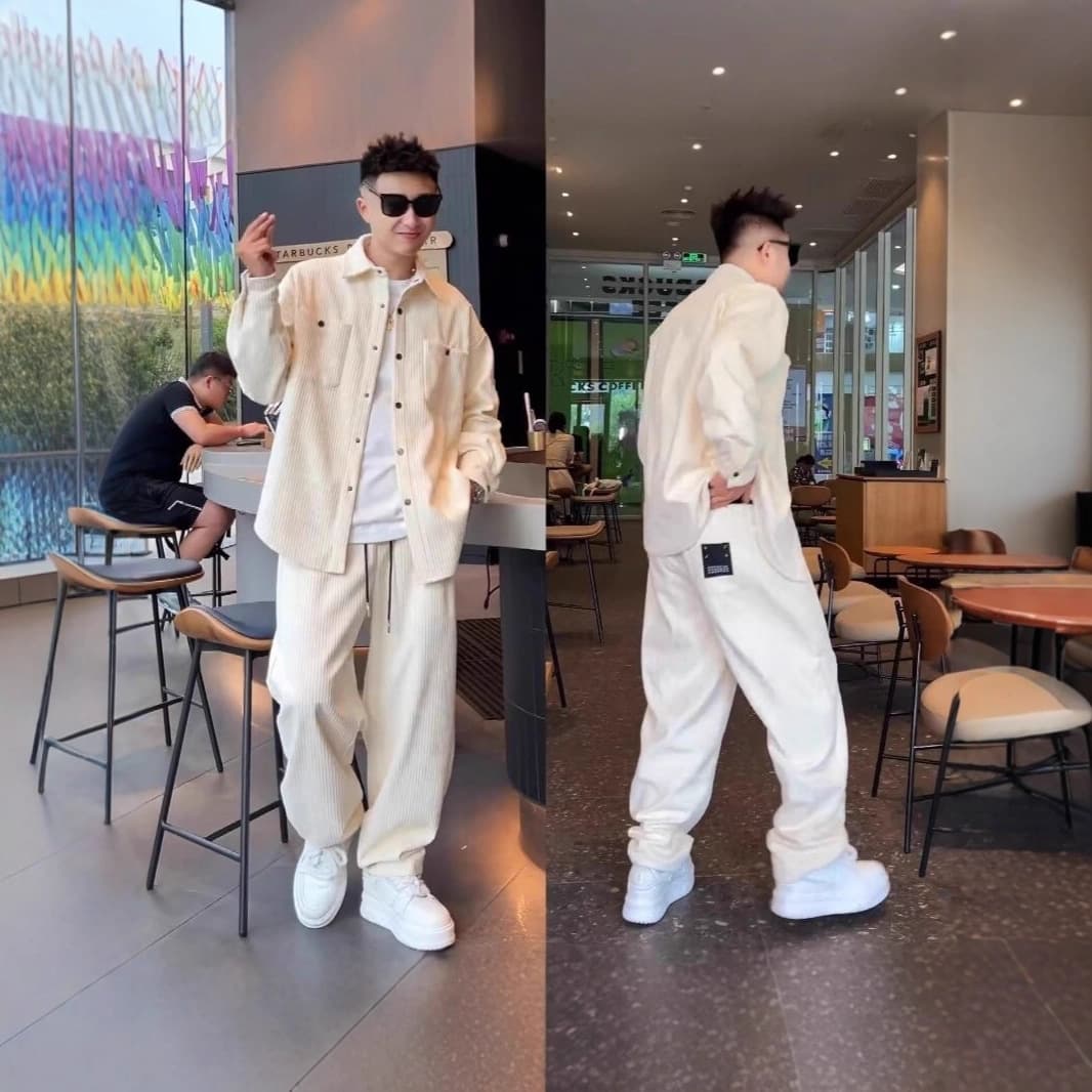 Japanese literary simple temperament casual suit men's lapel top jacket loose and versatile straight pants suit