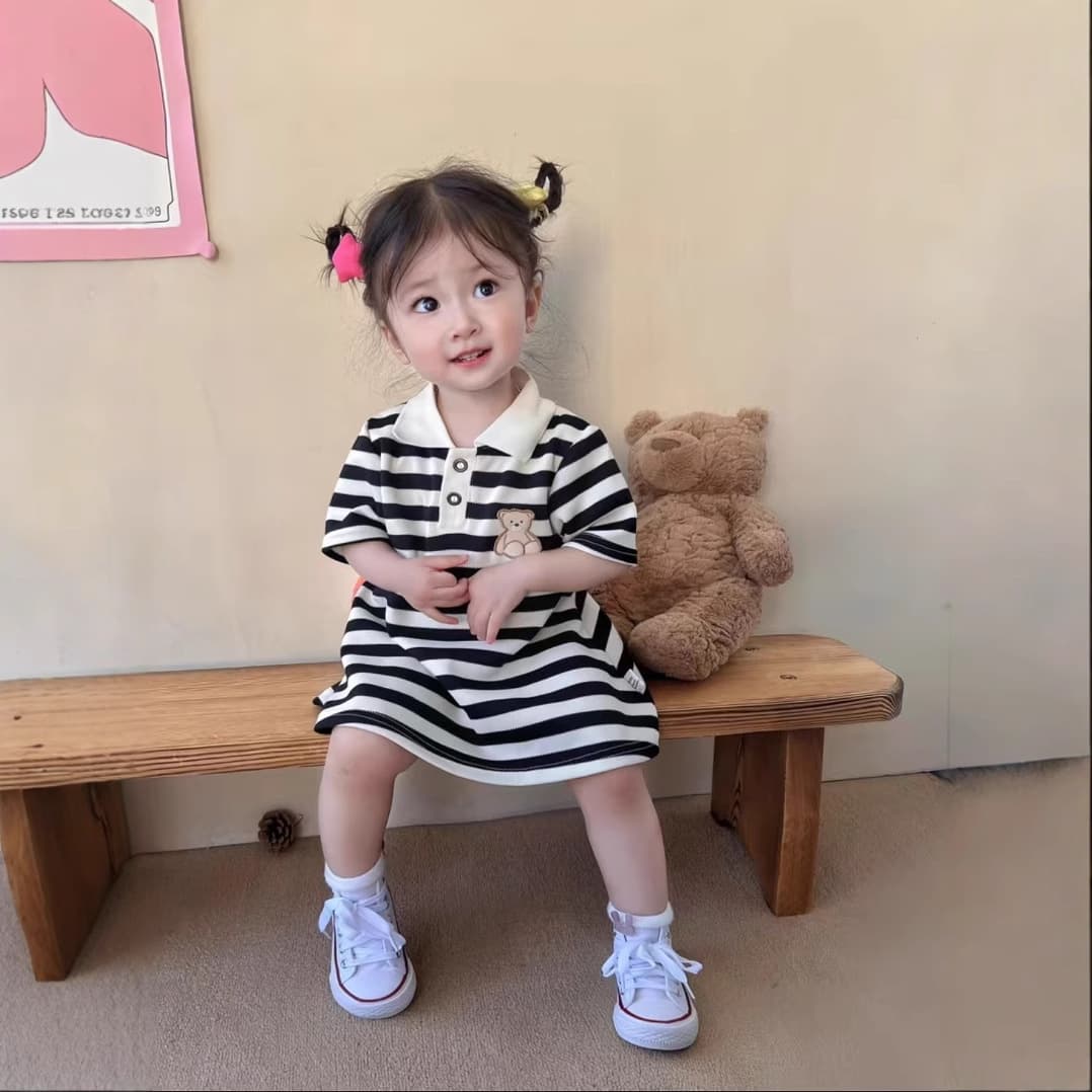 Girls' Export 2025 Toddler Short Sleeve Dress Summer Striped Embroidered Midi Dress Top