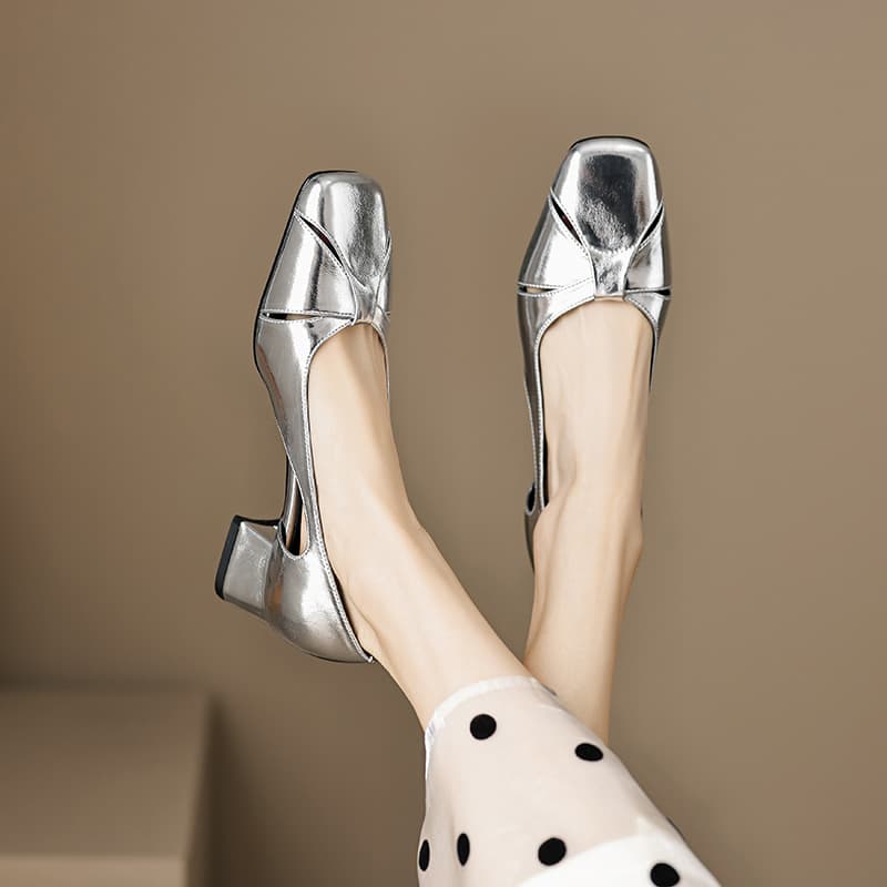 2023 new summer silver square toe hollow shallow mouth single shoes for women with medium heel, thick heel and soft sole design, niche design