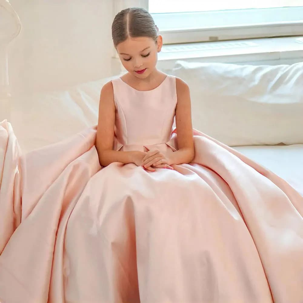 Amazon AliExpress White Girls Birthday Satin Dress Children Flower Girl Princess Dress Piano Pageant Performance Dress
