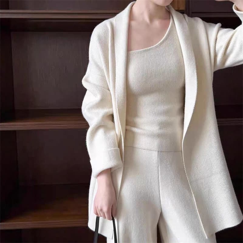 Cross-Border High-End Knit Sweater Set 2025 Fall/Winter New Cardigan + Vest + Wide-Leg Pants Three-Piece Set Women
