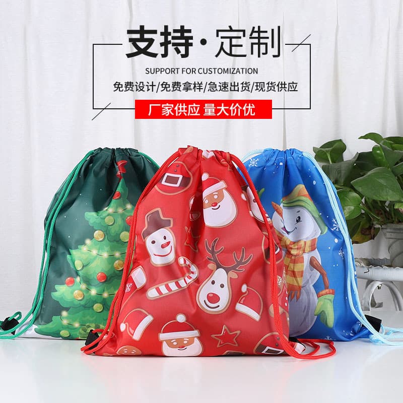 Factory supply Christmas series children's drawstring bag, 210D polyester backpack, cartoon storage drawstring bag
