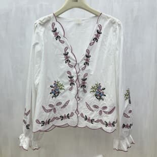 French Vintage Heavy Craft Colorful Embroidery Shirt Women Long Sleeve Autumn New Cutout Design Flared Sleeve Blouse