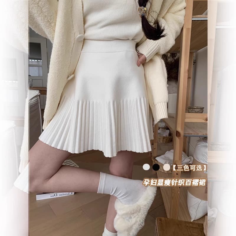 Pleated Knit Maternity Skirt 2024 Fall Winter A-Line Adjustable Plus Size Slimming Short Skirt Wholesale
