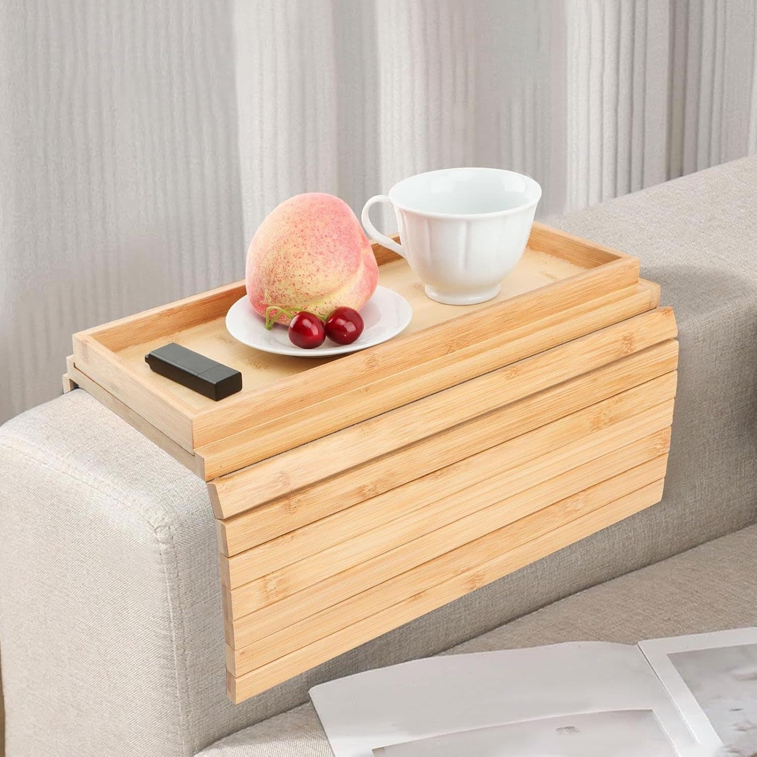 Bamboo lazy sofa side armrest storage tray living room remote control mobile phone storage tray foldable afternoon tea tray