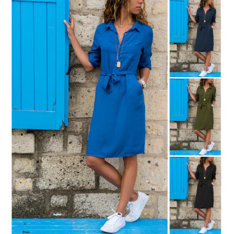 Manufacturer 2022 AliExpress eBay Amazon Wish autumn winter women's turn-collar solid color three-quarter sleeve shirt dress.