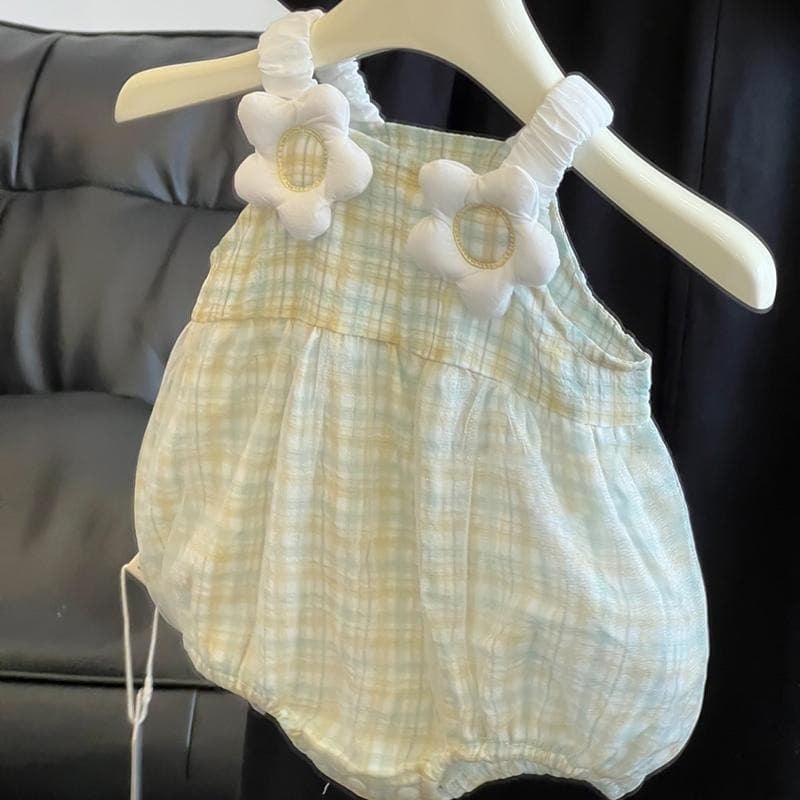 Newborn Baby Girl Summer Thin Grid Style Strap Romper Baby Bodysuit Summer Clothing