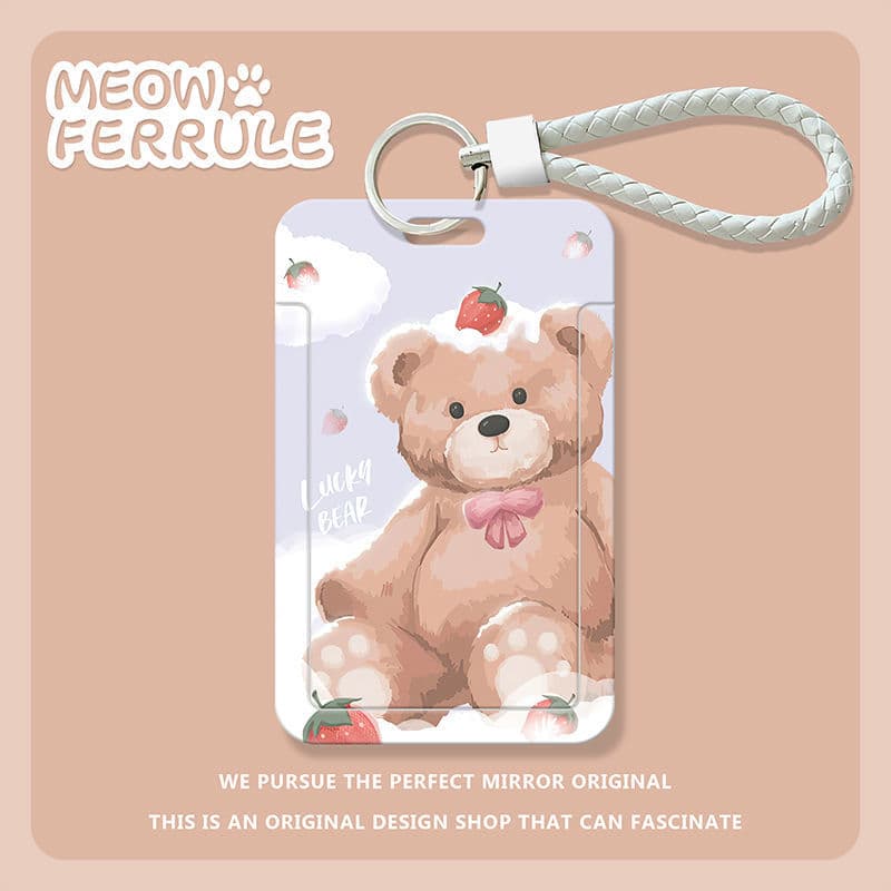 Cute Strawberry Bear Lamb Student Sliding Card Case for Meal Card, Bus Card, ID Card Protector, Access Card, Campus Card