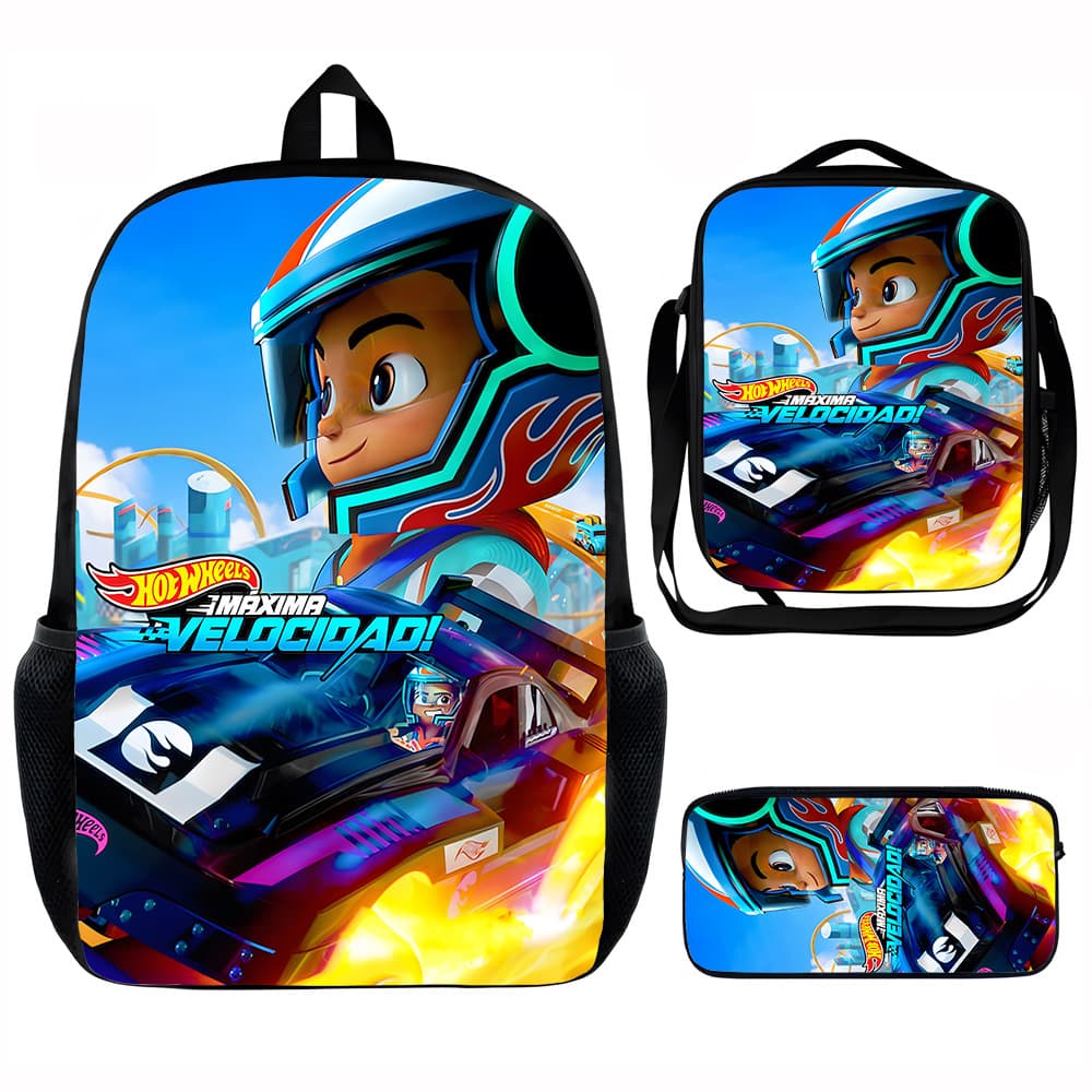 Cross-border best-selling Hot Wheels Racing 15-inch lunch bag 3-piece set, supports AliExpress JIT drop shipping