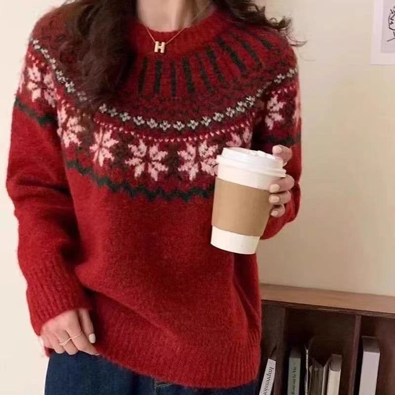 2025 Fall/Winter Christmas Style Cozy Soft Crew Neck Knit Sweater Vintage Jacquard Red Fair Isle Sweater for Women
