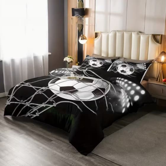 3-Piece Football Print Bedding Set for Boys, Black and White Soccer Kids Comfort Set, Youth Sports Theme