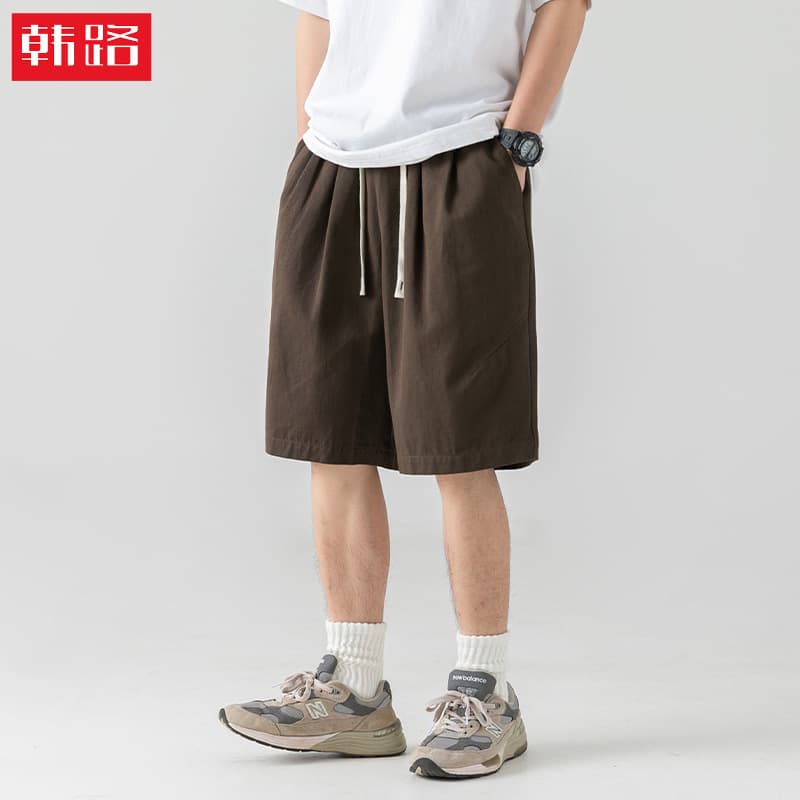 Hanlu Japanese-style Men's Textured Loose Cargo Shorts Summer Basic Solid Color Casual Pleated Knee-length Shorts