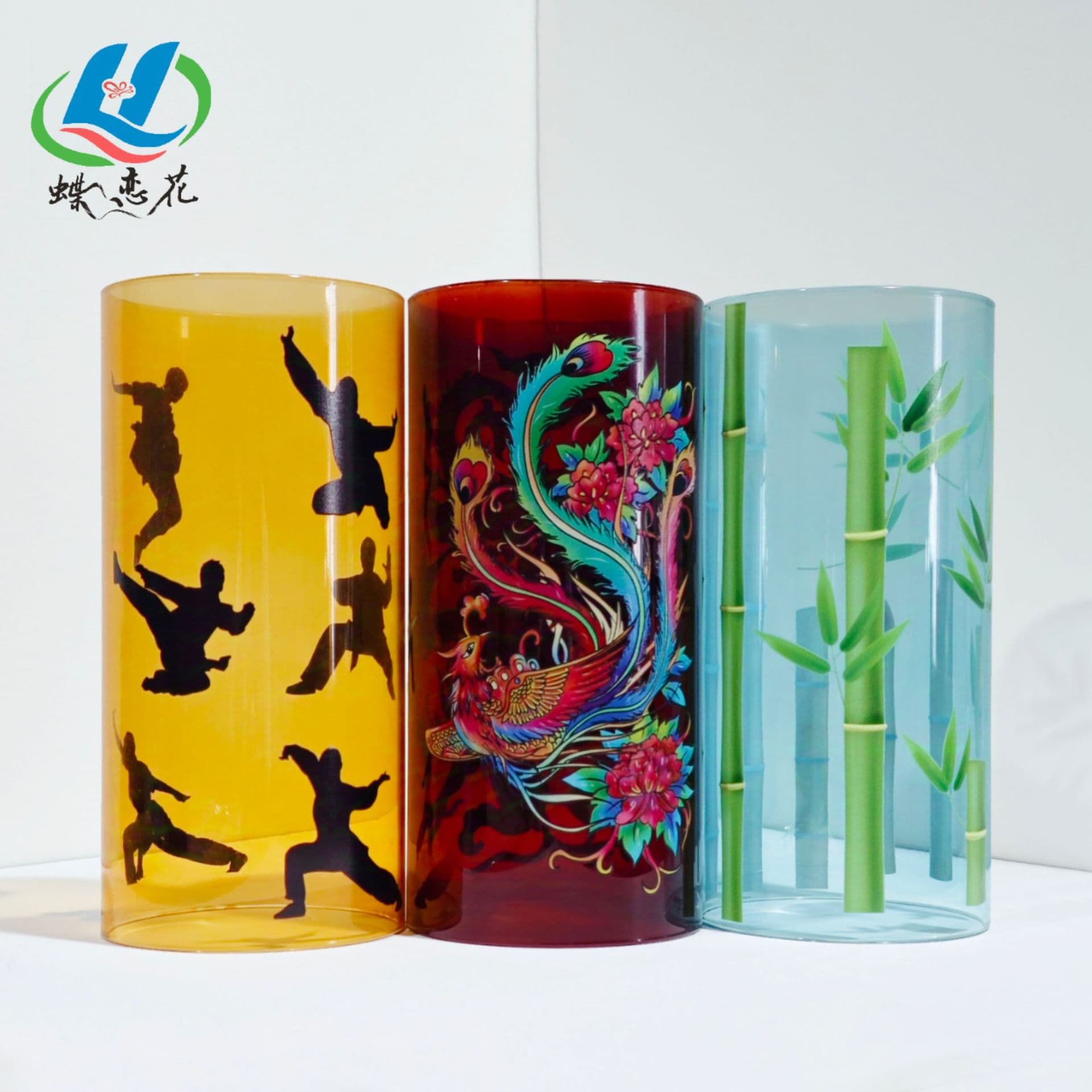 Custom 3D relief color painting UV printing on cylindrical glass lampshades from provided designs.