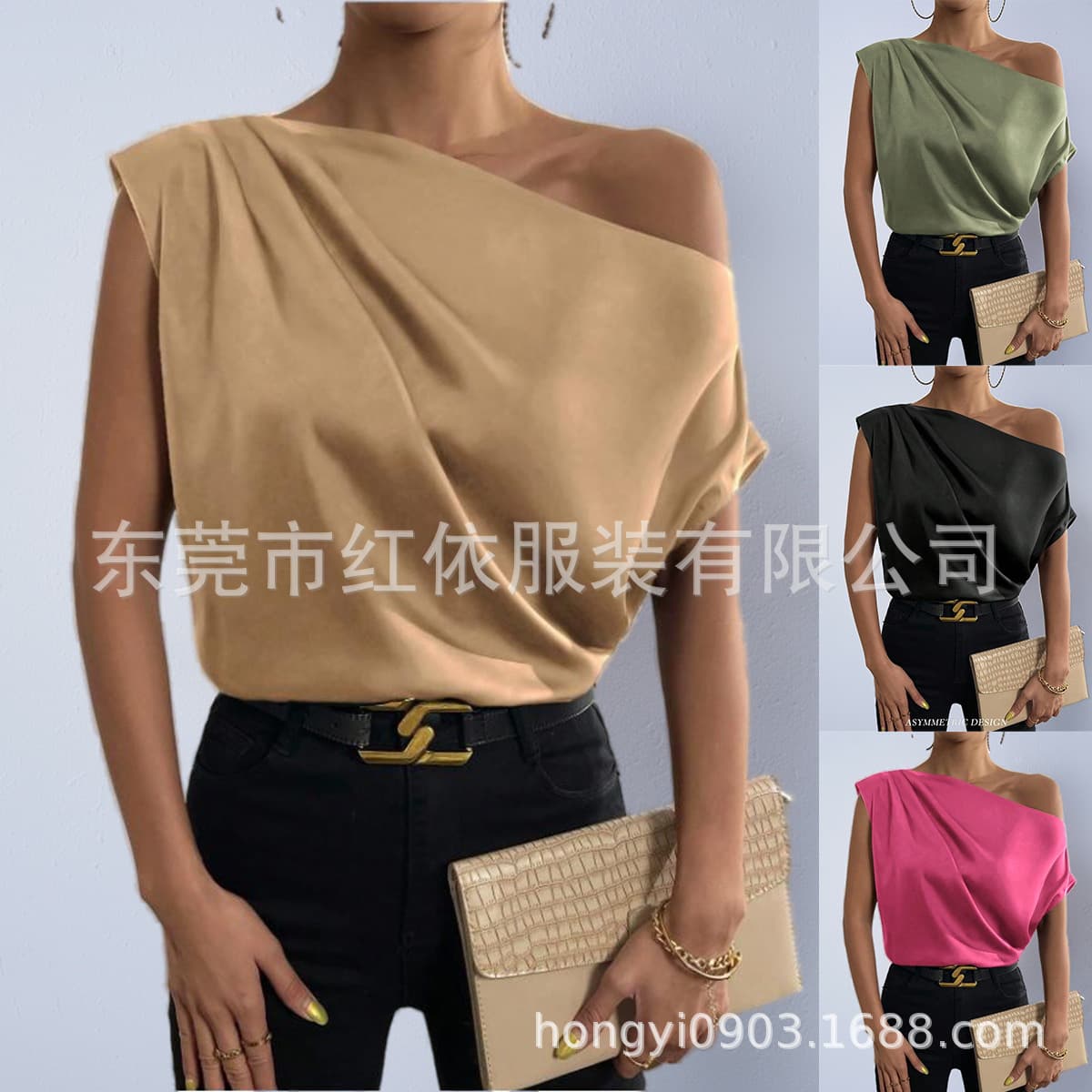 Women's Satin T-Shirt Summer Amazon TK European and American Women's Fashion New Off-Shoulder Solid Color Versatile Bare Shoulder Top