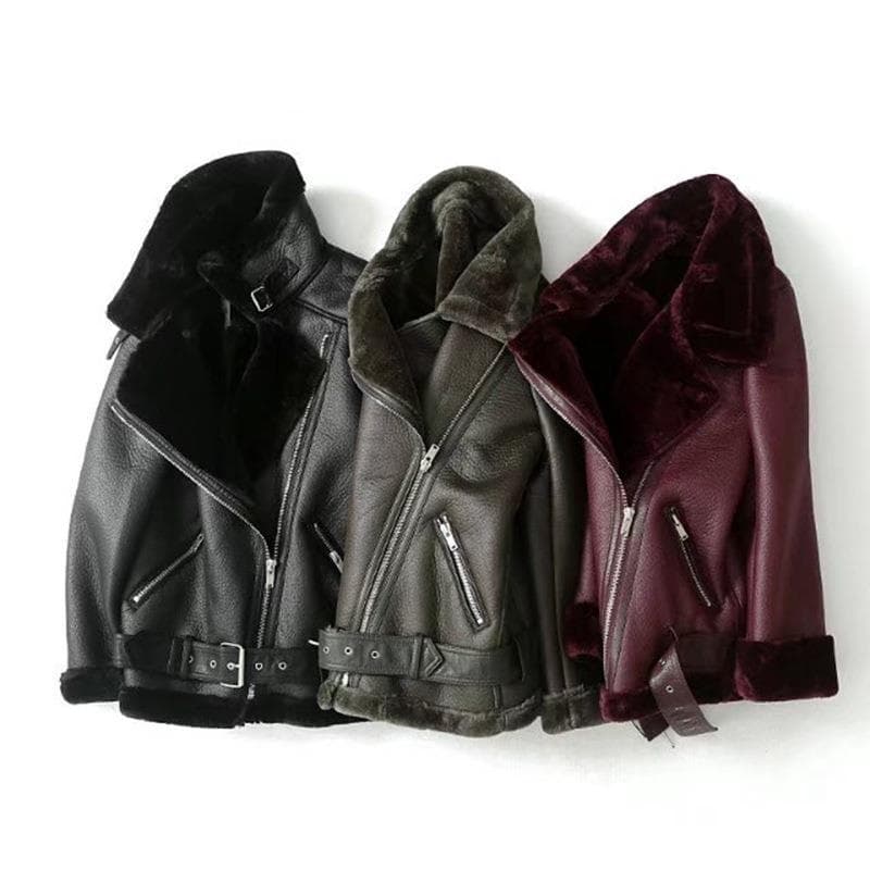 European and American Style Winter Women's Fashion Motorcycle Collar Faux Fur Lined Thick Warm Coat Leather Jacket for Women