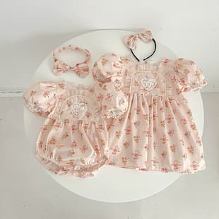 2026 Summer Baby Girl Bodysuit Infant Clothing Pink Floral Short Sleeve Dress Toddler Sisters Set Thin Style