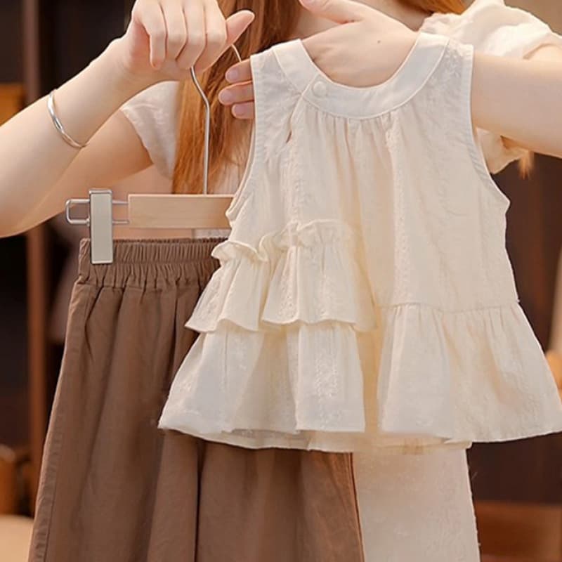 Girls' Summer Set New Kids' Fashionable Outfit Solid Color Vest Wide-Leg Pants Stylish Cotton Two-Piece Set