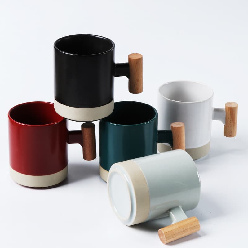 Korean-style artistic wooden handle ceramic mug, office tea cup, gift for coffee and milk, white porcelain with logo