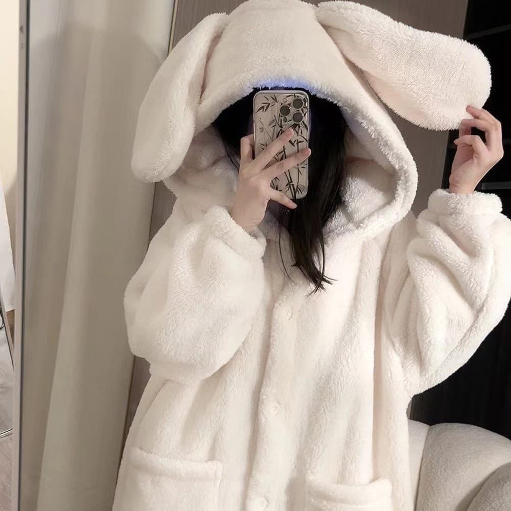Overseas Cross-Border Influencer Live Stream Korean Style Hooded Long Sleeve Robe Autumn Winter Pajamas Women's Simple Comfortable Loungewear