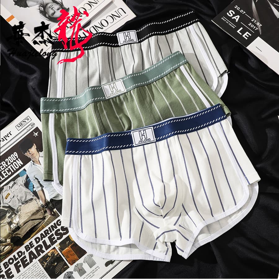 New Huajielong Striped Cotton Men's Boxer Briefs Breathable Trendy Shorts Drop Shipping
