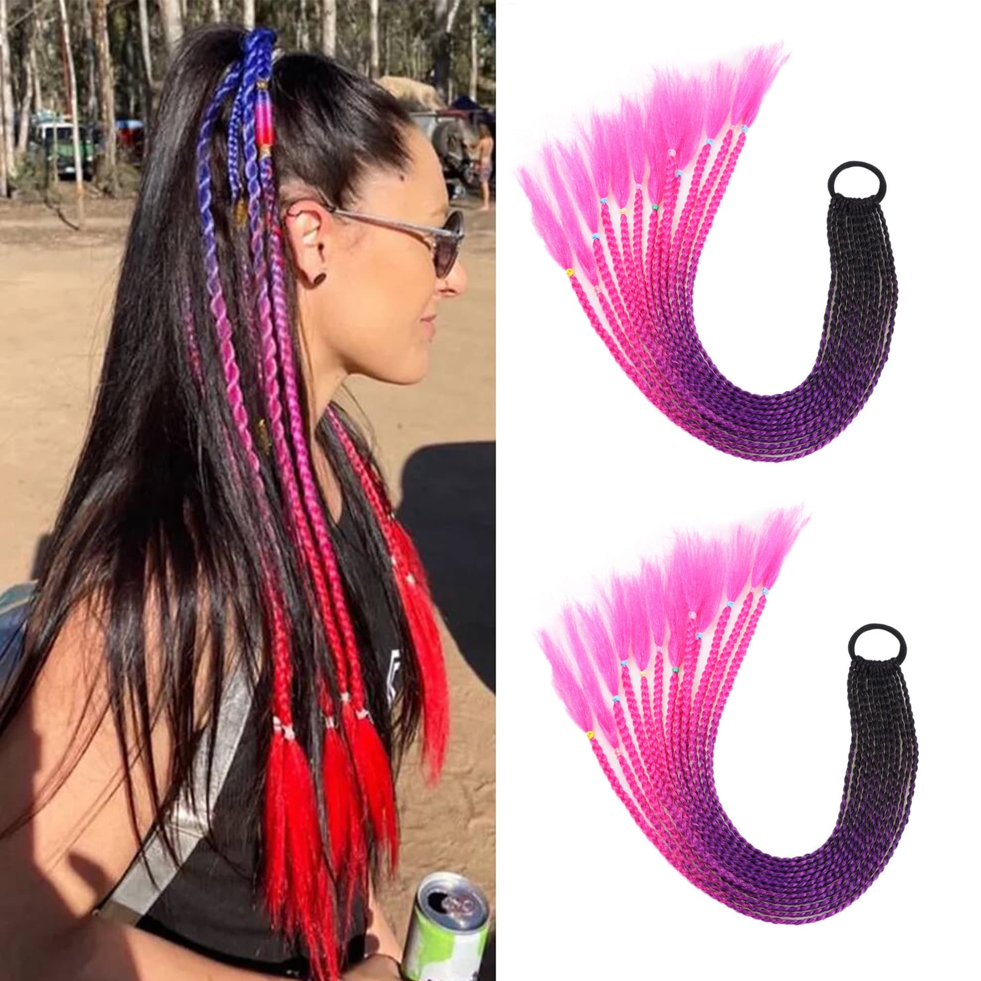 Dreadlock Long Braided Ponytail Hair Extension, Gradient Color Three-Strand Braid, Personality Ponytail Hair Ring Braid