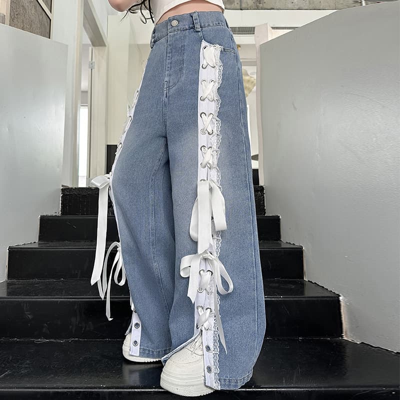 Girls' Designer Lace Trim Stitched Tie-Dye Jeans, New Summer Style for Older Girls, Korean Straight-Leg Long Pants Trend