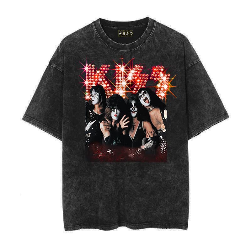 Kiss Mens Tshirt Alive In '77 Rock Distressed Washed Vintage Batik Short Sleeve T-Shirt
