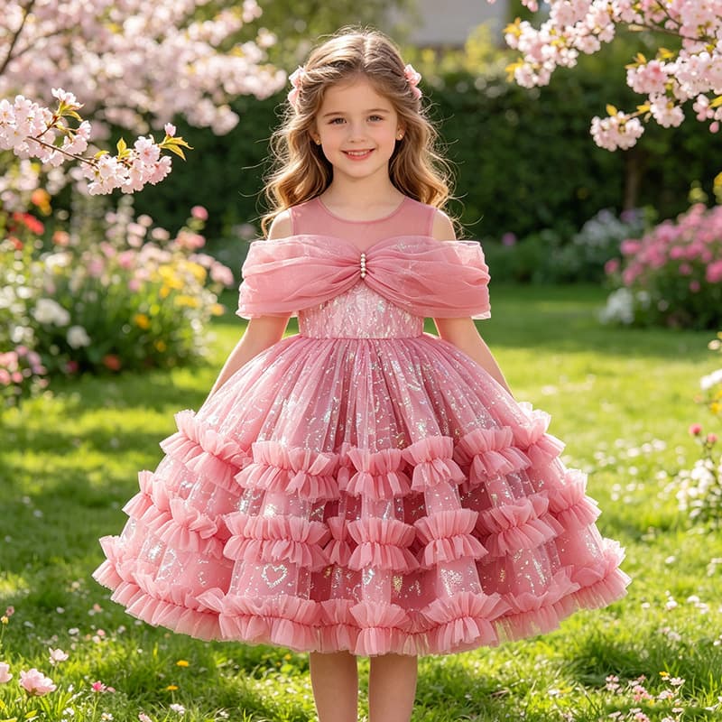 Cross-border Little Girl Birthday Party One-Shoulder Princess Dress Flower Girl Wedding Banquet Gown Piano Host Performance Costume