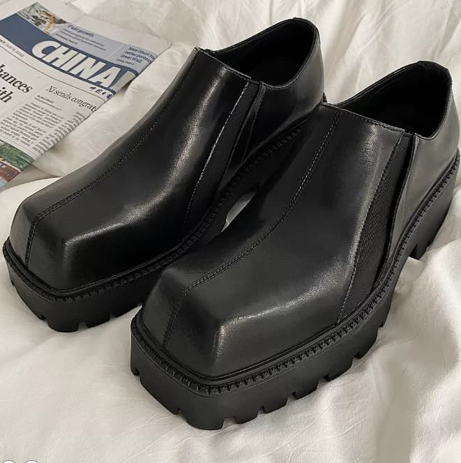 High-Quality Leather Thick Sole 5CM Loafers Men 2024 New Retro Slip-On High Street Style Square-Toe Leather Shoes