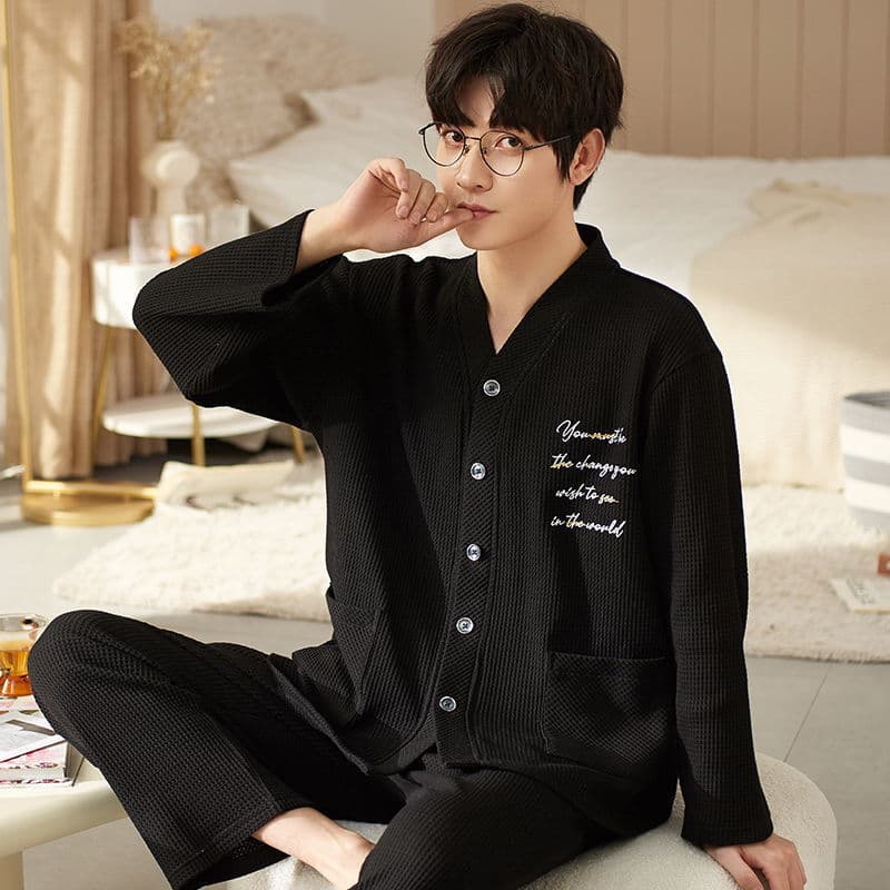 Men's Pajamas Spring/Autumn Thin Cotton Long-Sleeve, Korean Youth Casual Simple Homewear Set, Wearable Outdoors Winter