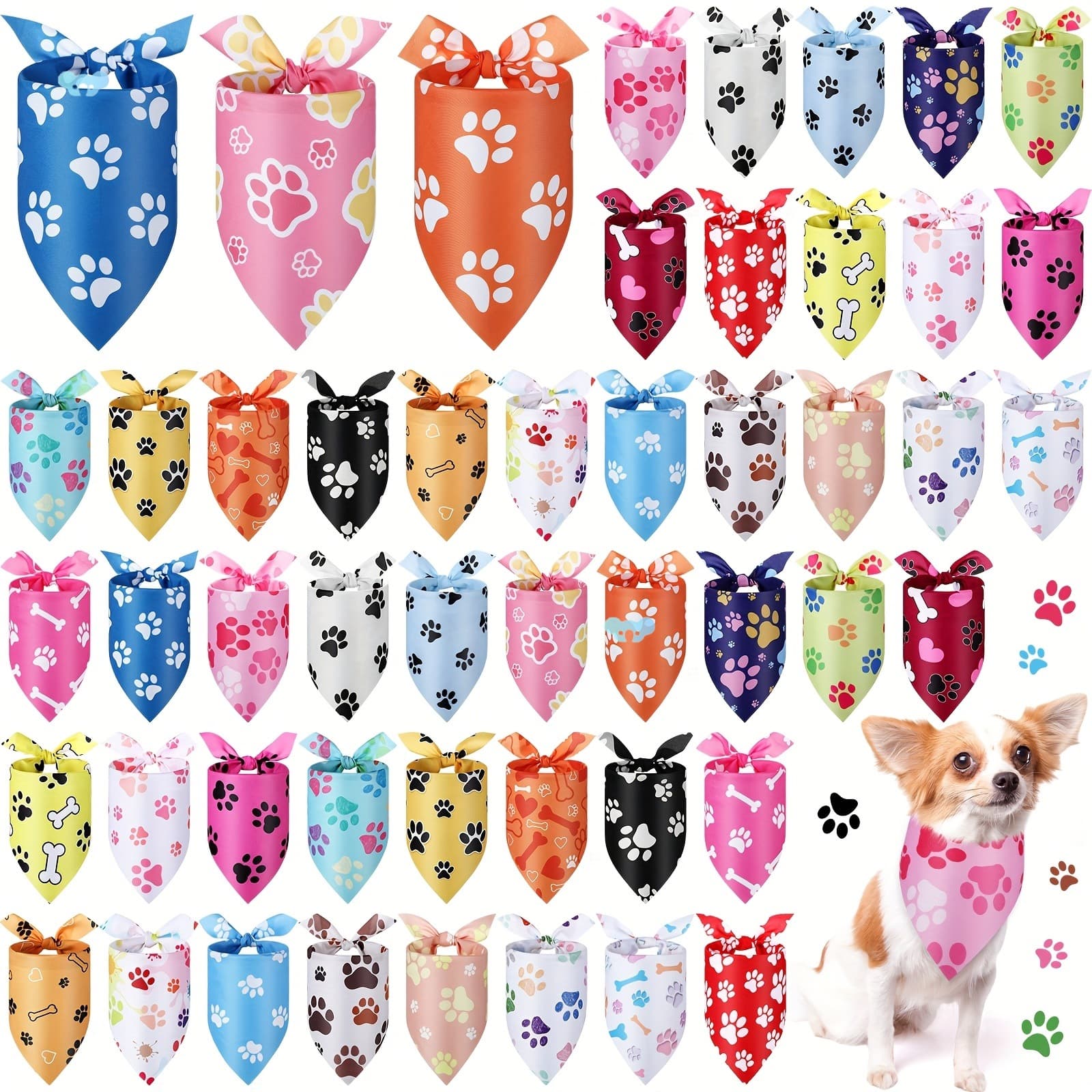 50pcs Paw Print Dog Cat Bandanas Triangle Kerchief Bibs for Pets