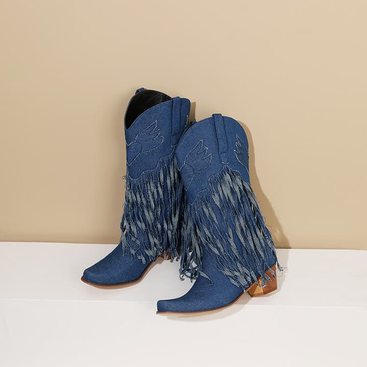 New Foreign Trade Style European and American Denim Embroidered Tassel Blue Pointed Toe Chunky Mid-Heel Long Boots for Women, Large Size