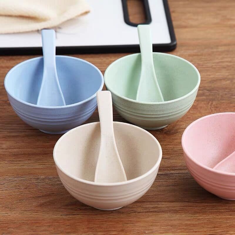 Portable Wheat Straw Plastic Bowl For Soup Rice Meal Home Outdoor Children's Tableware Durable Utensils Spoon