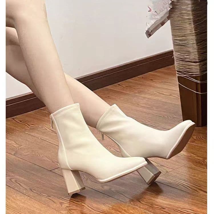 Women's French High Heel Short Boots, Summer Chunky Heel Martin Boots, Square Toe, Beige, Height-Increasing Slim Boots for Adults