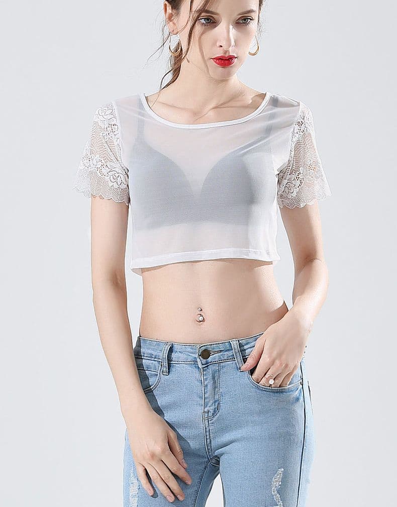 Short Crop Mesh Top Round Neck T-Shirt Short Sleeve Lace Undershirt Summer Thin Low Neck Half Top for Women