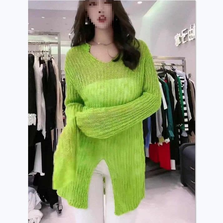 Plus Size Slit Thin Style Autumn/Summer Women's Top, Casual Pure Desire Style Base Layer Knitted Sun Protection Shirt