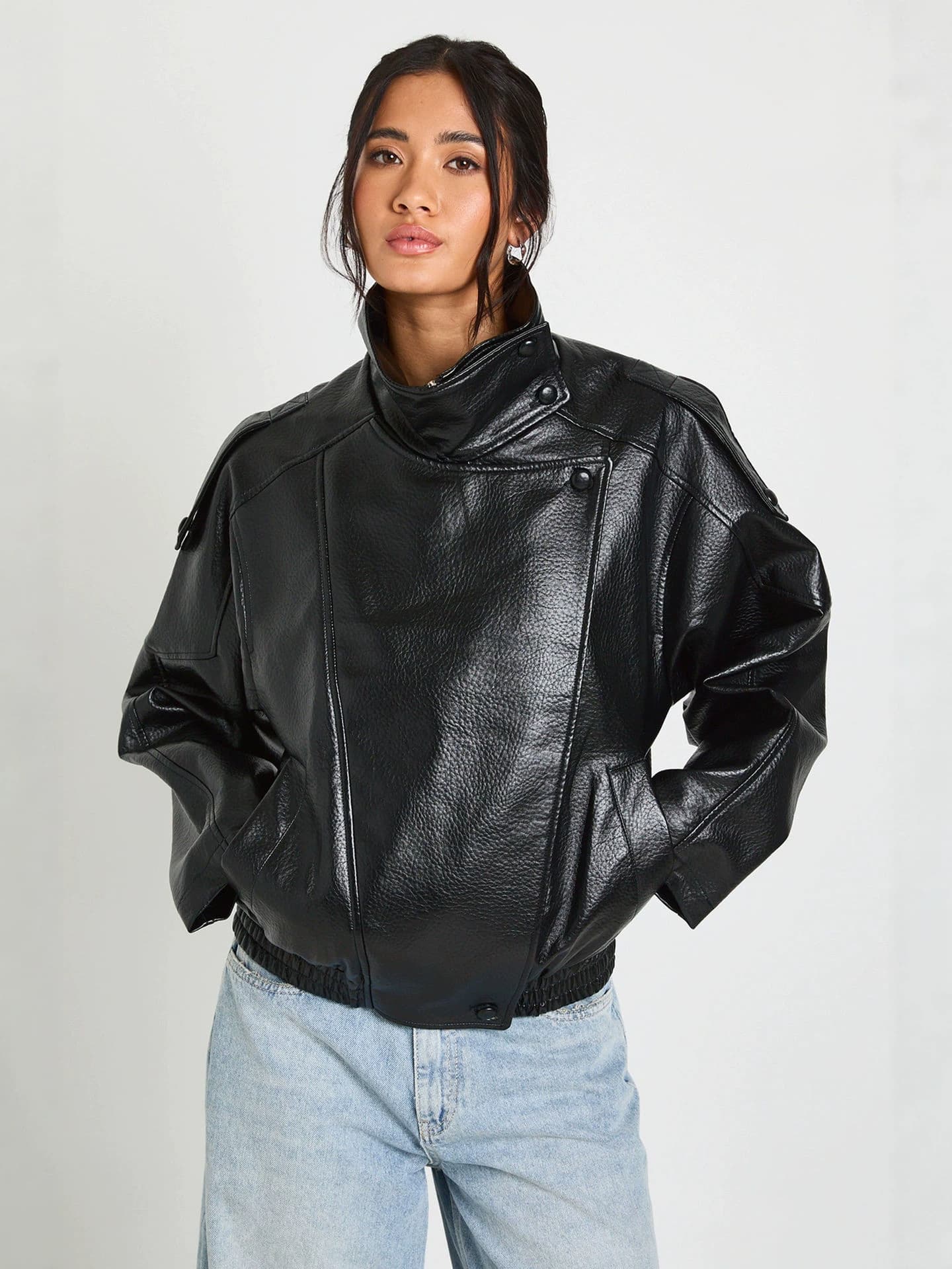 European and American Style Stand Collar Oversized PU Leather Jacket for Women, Loose Casual Street Style, Textured Versatile Motorcycle Short Coat