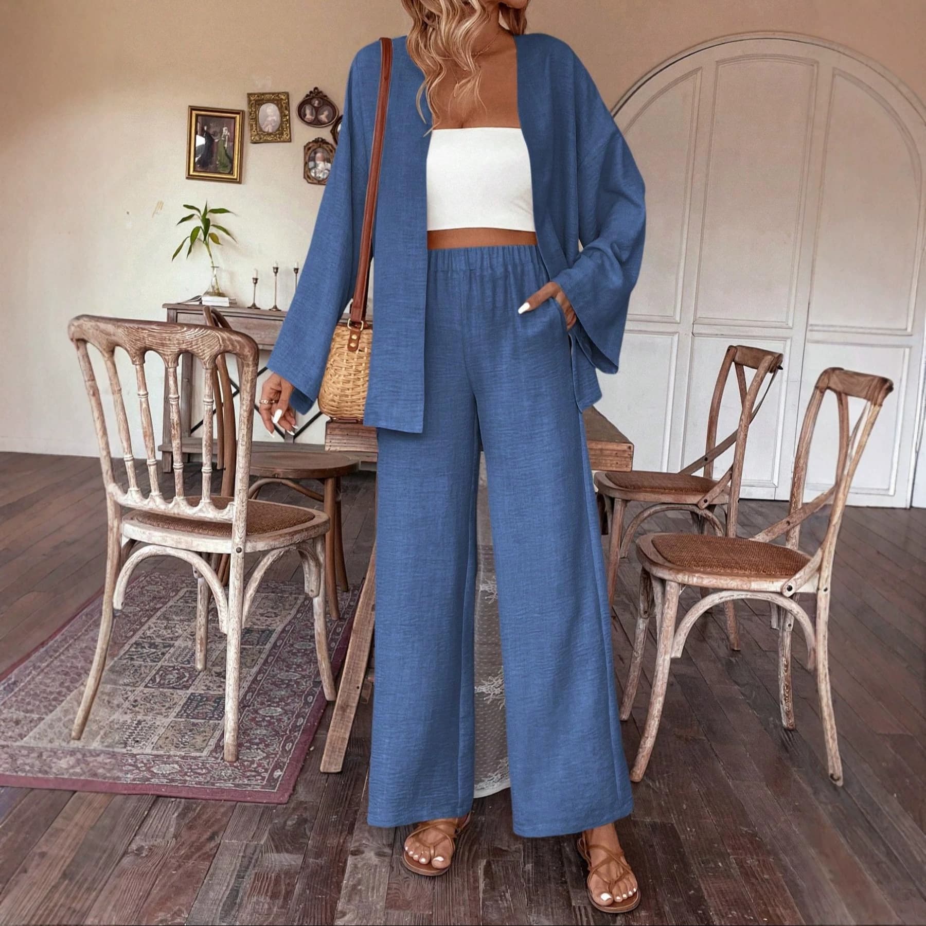 2026 Standard Size Women's Cross-Border New Two-Piece Set: Long-Sleeve Cardigan and Wide-Leg Long Pants