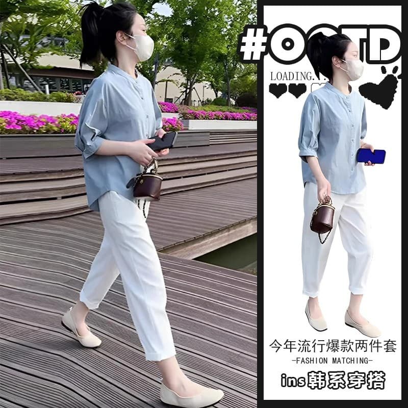 Direct sales new summer casual suit women's loose shirt nine-point pants two-piece set fashionable and slim