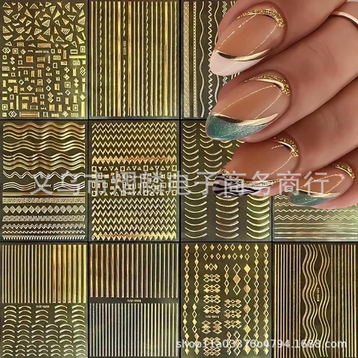 Gold Line Nail Stickers Set of 12, French Line Foil Adhesive Nail Decals, Nail Art Stickers