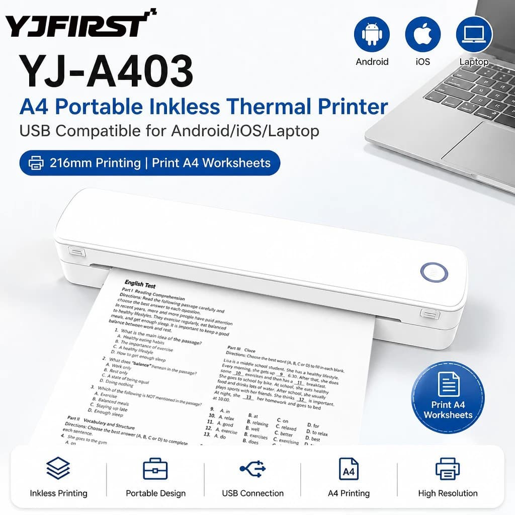 Cross-border Inkless A4 Thermal Printer for Document Printing, Small Home Portable Wireless Bluetooth Thermal Printer