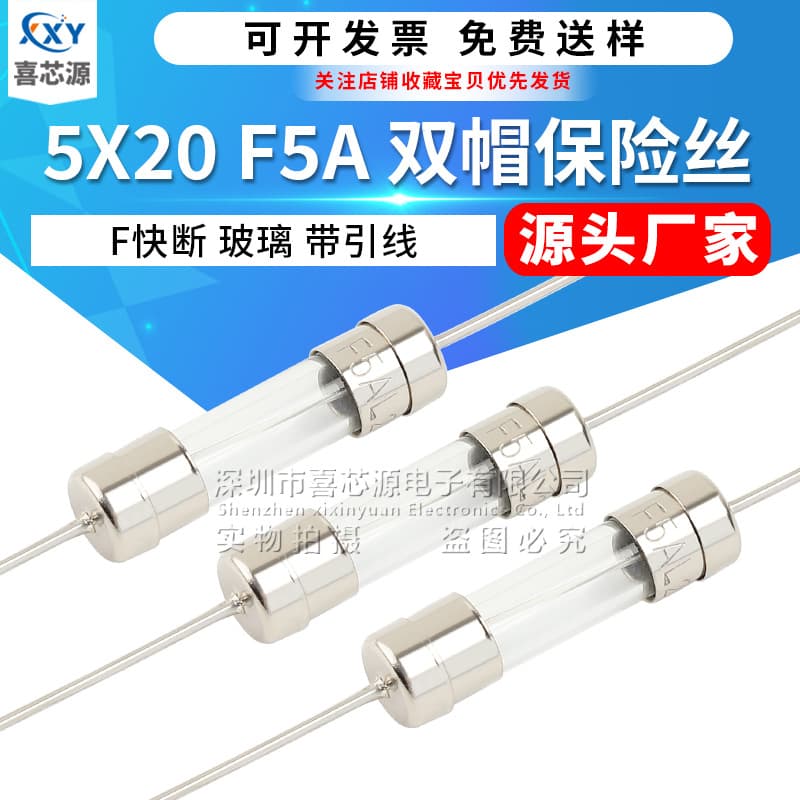 Factory Direct Supply 5X20mm 250V F5A Dual-Cap Glass Fuse with Leads 5*20mm Fast-Blow Fuse