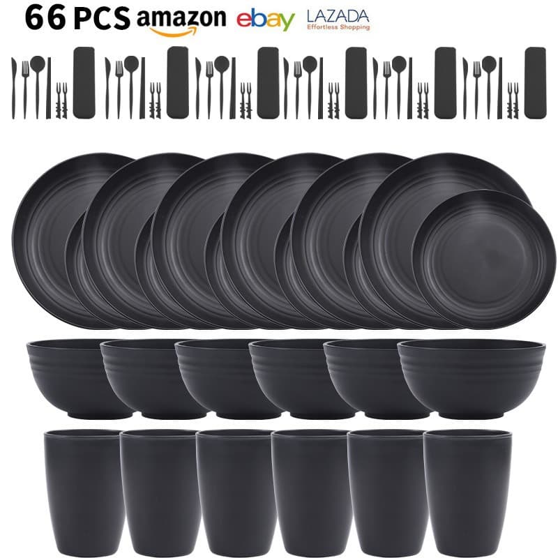 Cross-border supply wheat straw bowls and plates set household black vertical stripe plastic plate soup bowl water cup portable tableware