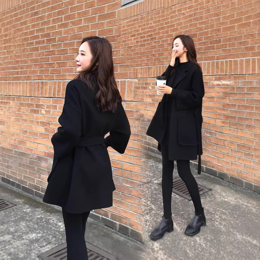 Women's Autumn and Winter New Loose Mid-Length Wool Coat Lace-Up Hepburn Plus Size Coat